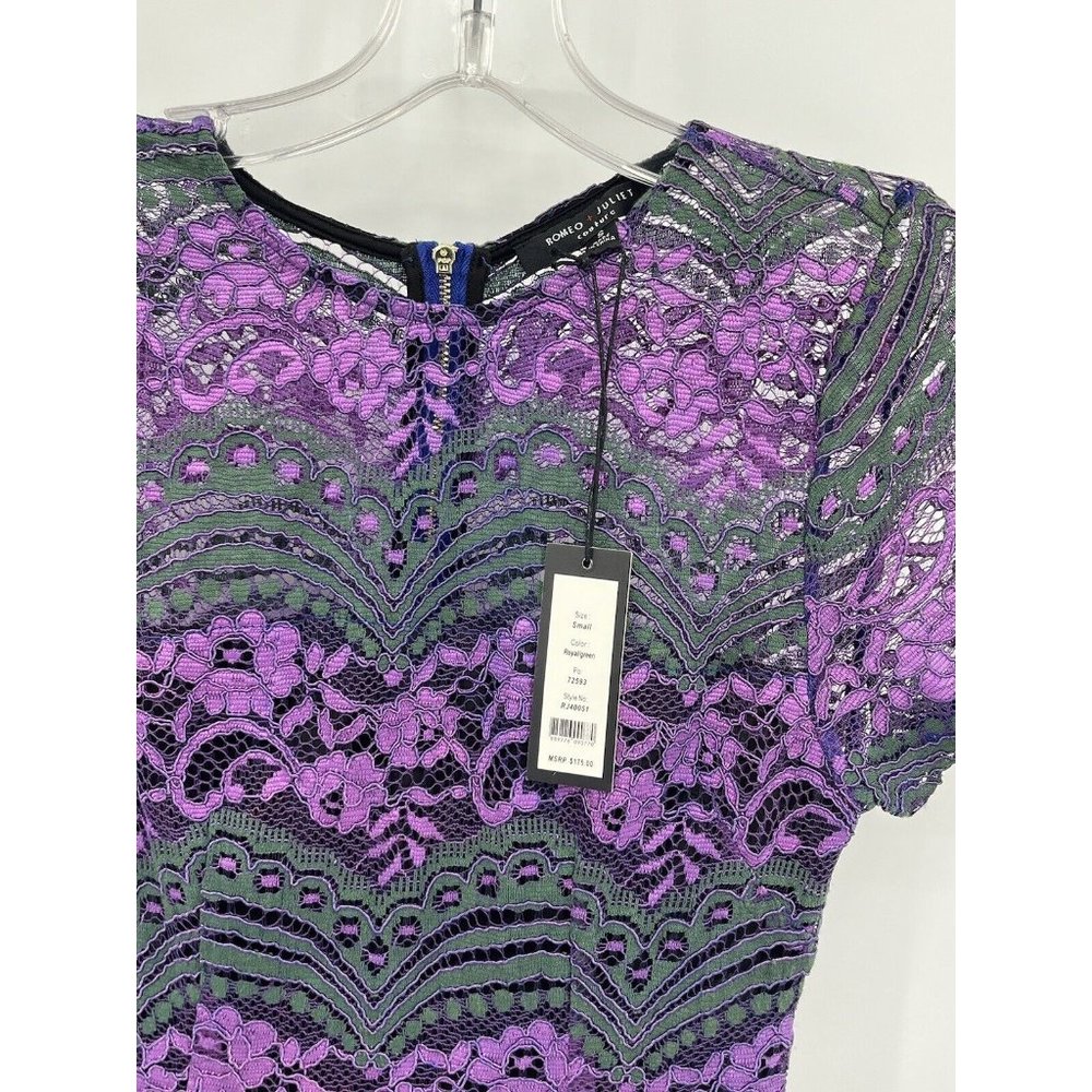 NWT $175 Romeo & Juliet Couture Purple & Green Lace Cocktail Dress Small Sheath